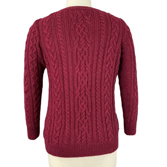 LL Bean Irish Wool Cable Knit Sweater Women's L Red Aran Fisherman Crew Ireland - Picture 4 of 11